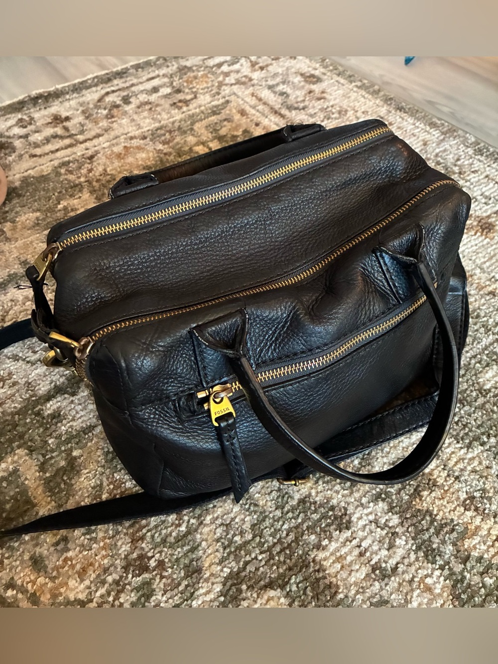 Fossil Erin Satchel ZB5887 Leather & Antique Brass Hardware Double Zippered Bag
